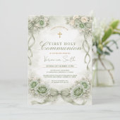 Sage Green Bow Floral First Holy Communion 招待状 (スタンド正面)