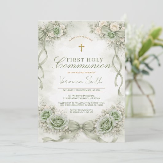 Sage Green Bow Floral First Holy Communion 招待状 (スタンド正面)