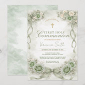 Sage Green Bow Floral First Holy Communion 招待状 (正面/裏面)