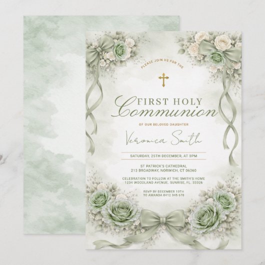 Sage Green Bow Floral First Holy Communion 招待状 (正面/裏面)
