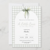 Sage Green Bow Gingham Baby Shower 招待状 (正面)