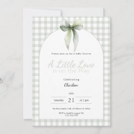 Sage Green Bow Gingham Baby Shower 招待状