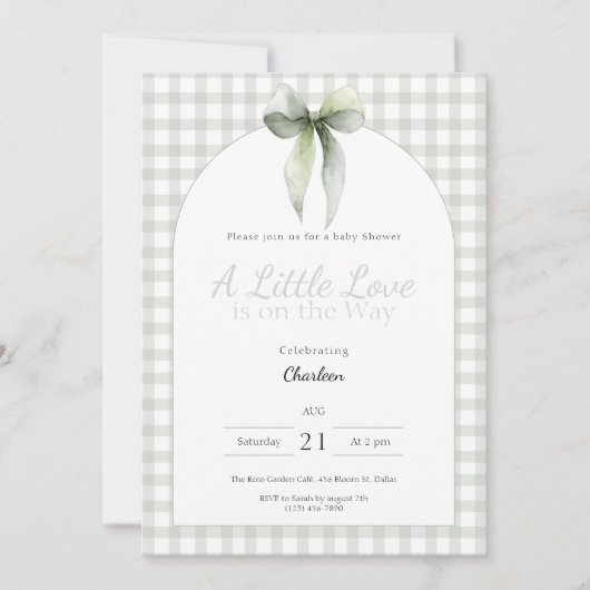 Sage Green Bow Gingham Baby Shower 招待状 (正面)