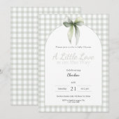 Sage Green Bow Gingham Baby Shower 招待状 (正面/裏面)