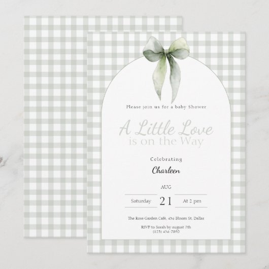 Sage Green Bow Gingham Baby Shower 招待状 (正面/裏面)