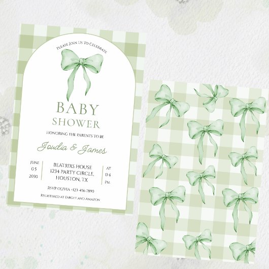sage green Bow Gingham Baby Shower Invitation 招待状