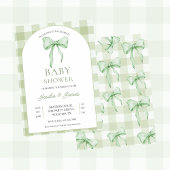 sage green Bow Gingham Baby Shower Invitation 招待状