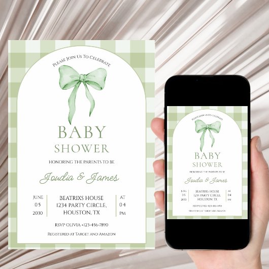 sage green Bow Gingham Baby Shower Invitation 招待状