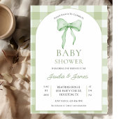 sage green Bow Gingham Baby Shower Invitation 招待状