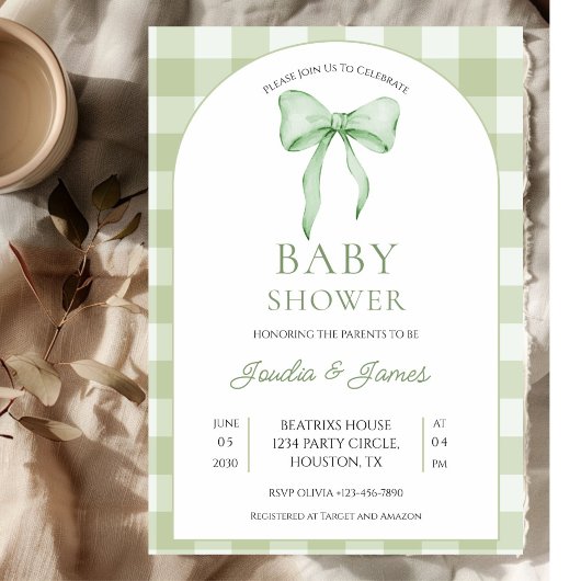 sage green Bow Gingham Baby Shower Invitation 招待状