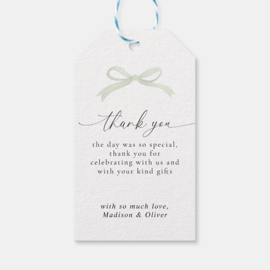 Sage Green Bow Monogram Thank You Message Wedding ギフトタグ (裏面)