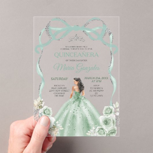 Sage Green Bow Princess Silver Crown Quinceañera アクリル招待状 (インサイチュ (ポータブル))