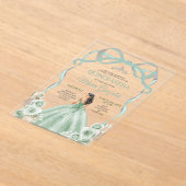 Sage Green Bow Princess Silver Crown Quinceañera アクリル招待状 (レイダウン)