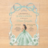 Sage Green Bow Princess Silver Crown Quinceañera アクリル招待状 (正面)