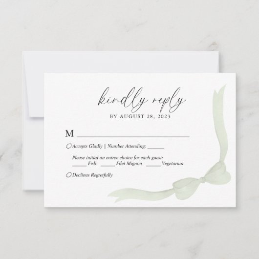 Sage Green Bow Ribbon Menu Choice Wedding RSVP (正面)