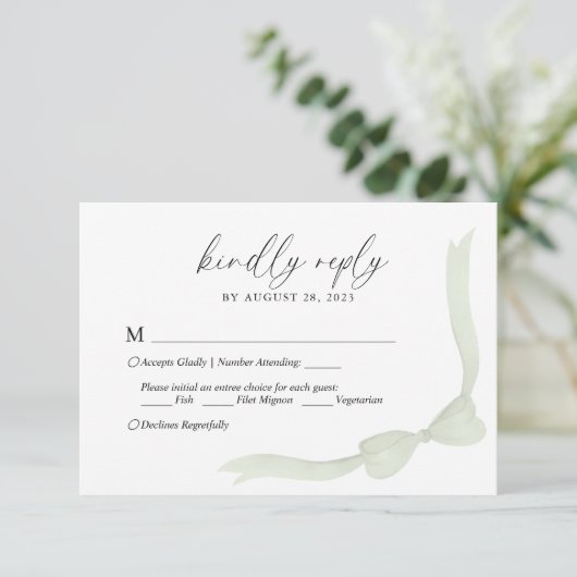 Sage Green Bow Ribbon Menu Choice Wedding RSVP (スタンド正面)