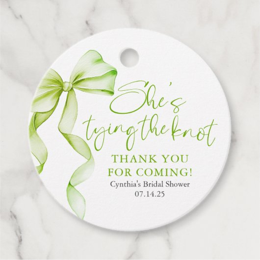 Sage Green Bow She's Tying the Knot Bridal Shower フェイバータグ (正面)