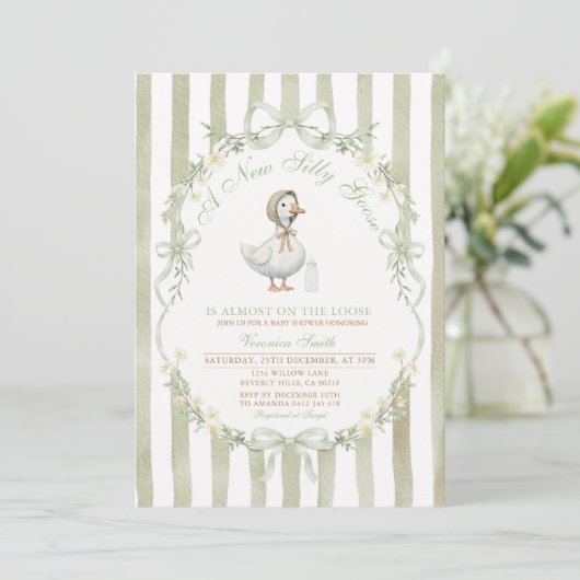 Sage Green Bow Silly Goose Baby SHOWER Invitation 招待状 (スタンド正面)