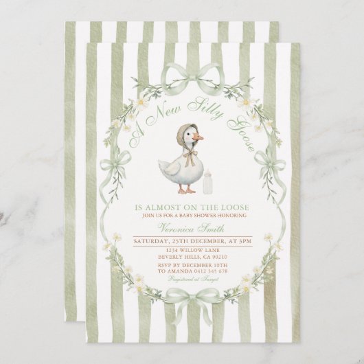 Sage Green Bow Silly Goose Baby SHOWER Invitation 招待状 (正面/裏面)