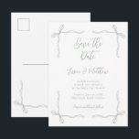 Sage Green Bows and Vows Wedding Save the Date ポストカード<br><div class="desc">Sage Green Bows and Vows Wedding Save the Date Postcard. The fine line bow details and airy spacing create a graceful, coquette-inspired style that feels modern yet classic. With its balanced layout and soft tones, this design captures the beauty of a romantic celebration, highlighting charm, elegance, and understated sophistication. Make...</div>