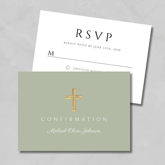 Sage Green Boy Religious Cross Confirmation 出欠カード