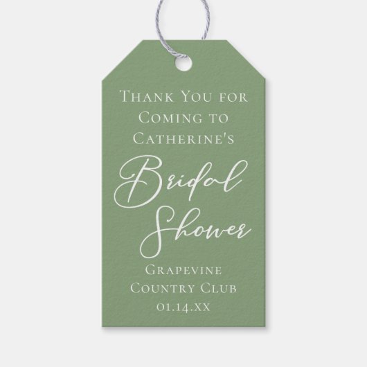 Sage Green Bridal Shower Personalized White Script ギフトタグ (正面)