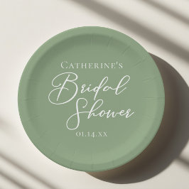 Sage Green Bridal Shower Personalized White Script ペーパープレート