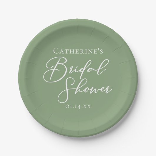 Sage Green Bridal Shower Personalized White Script ペーパープレート (正面)