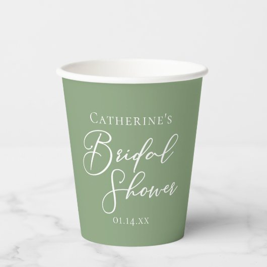 Sage Green Bridal Shower Personalized White Script 紙コップ (正面)