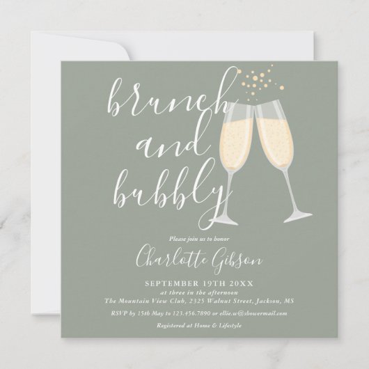 Sage Green Brunch Bubbly QR Code Bridal Shower 招待状 (正面)