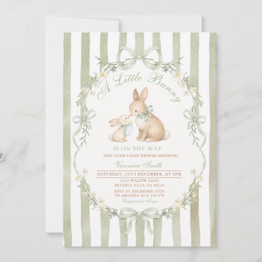 Sage Green Bunny Baby Shower Boy Girl Invitation 招待状 (正面)
