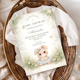 Sage Green Bunny Floral Baby Shower 招待状