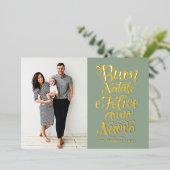 Sage Green Buon Natale書道クリスマスフォト 箔シーズンカード (立ち正面)