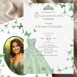 Sage Green Butterflies Dress Tiara Quinceanera 招待状