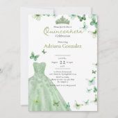 Sage Green Butterflies Dress Tiara Quinceanera 招待状 (正面)