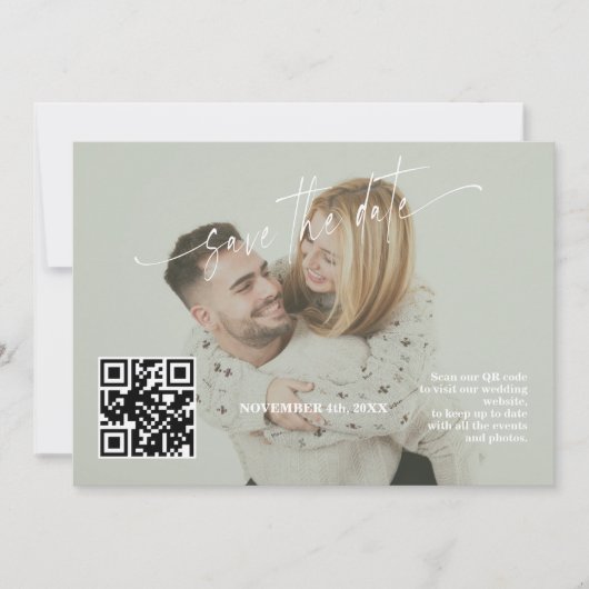 Sage Green Calligraphy QR Code Photo Wedding セーブザデート (正面)