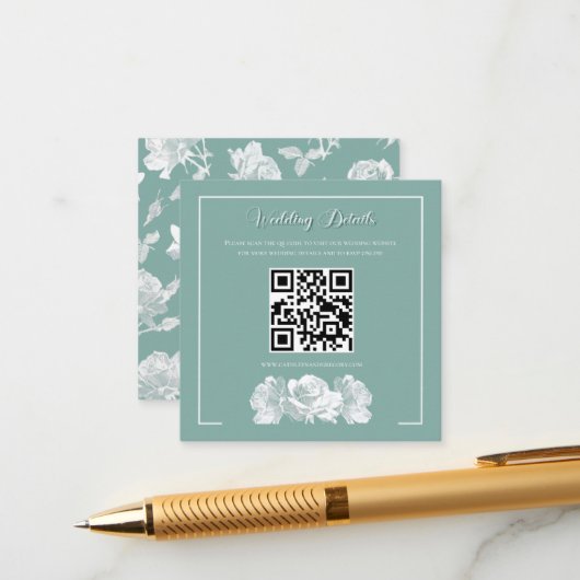 Sage Green Calligraphy QR Info Wedding エンクロージャーカード (正面/裏面インサイチュ)