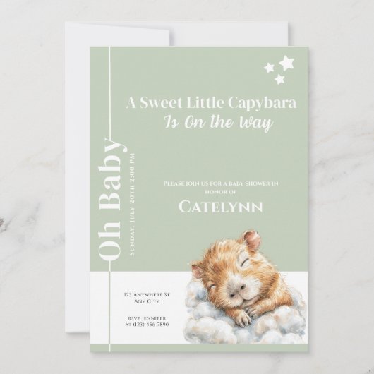 Sage Green Capybara Baby Shower Invitation セーブザデート (正面)