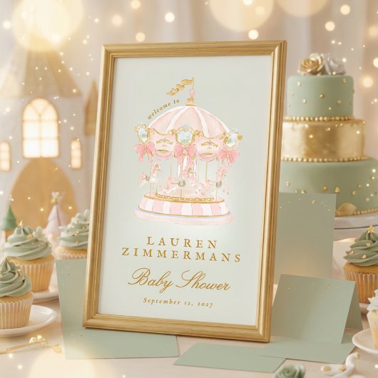 sage green carousel baby shower welcome sign ポスター