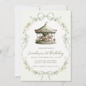 Sage Green Carousel Merry-go-round Birthday 招待状 (正面)