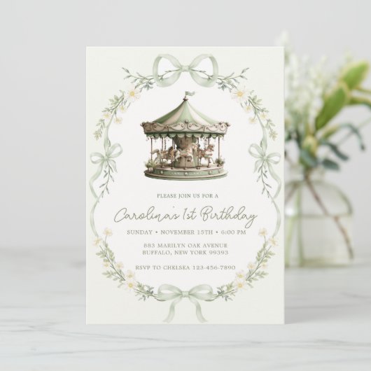 Sage Green Carousel Merry-go-round Birthday 招待状 (スタンド正面)