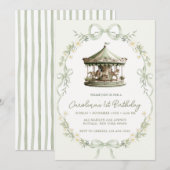 Sage Green Carousel Merry-go-round Birthday 招待状 (正面/裏面)