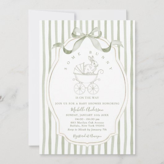 Sage Green Carriage Bunny Baby Shower Invitation 招待状 (正面)