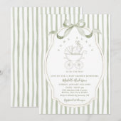 Sage Green Carriage Bunny Baby Shower Invitation 招待状 (正面/裏面)