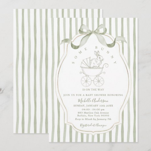 Sage Green Carriage Bunny Baby Shower Invitation 招待状 (正面/裏面)