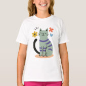 Sage Green Cat Boho Floral Mid Century Art Tシャツ (正面)