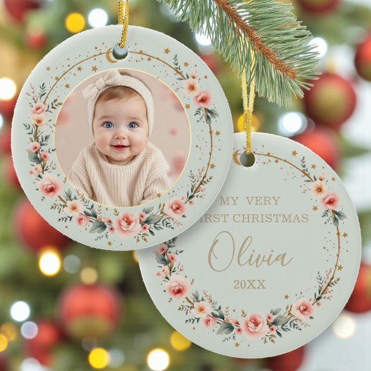 Sage Green Celestial Baby First Christmas Photo セラミックオーナメント