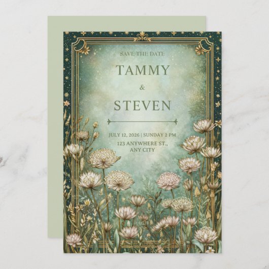 Sage Green Celestial Starry Astrantia Wedding 招待状 (正面/裏面)