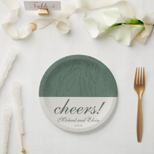 Sage Green Cheers Elegant Personalized Wedding ペーパープレート (ウェディング)