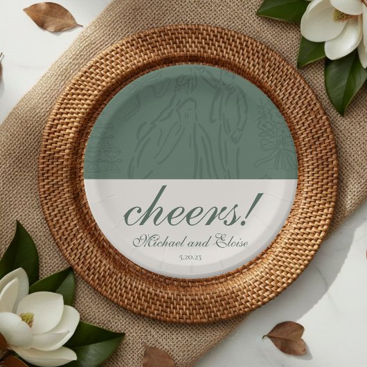 Sage Green Cheers Elegant Personalized Wedding ペーパープレート